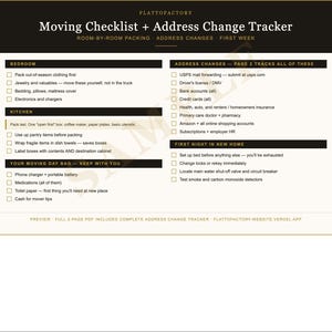 May include: A beige checklist titled "Moving Checklist + Address Change Tracker" with black text. The checklist is divided into sections for bedroom, kitchen, and moving day bag. It includes checkboxes for various tasks.
