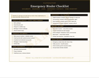 Lista de verificación para carpeta de emergencias (imprimible) / Organizador de documentos importantes / Inventario del hogar + Contactos de emergencia + Seguro / PDF