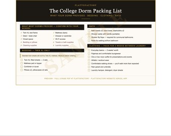 Lista de artículos para empacar para la residencia universitaria / Ropa de cama individual XL, lista de verificación para la mudanza (PDF)