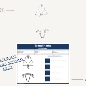 May include: A fashion design schematic for a bikini, with a before and after comparison. The image includes a hand-drawn sketch of the bikini and a detailed cover page with fabric swatches. Text on the image reads "THIS IS WHAT FACTORIES ACTUALLY NEED."