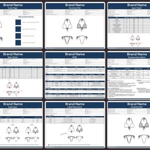May include: A collection of technical design sheets for swimwear, featuring detailed illustrations of bikini tops and bottoms. Each sheet includes diagrams, specifications, and the brand name at the top. The color palette is indicated with swatches.