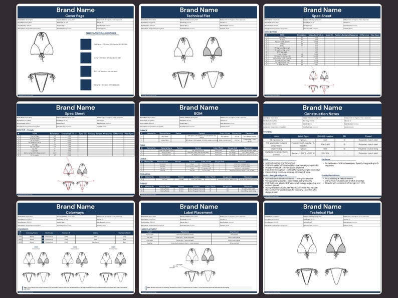 May include: A collection of technical design sheets for swimwear, featuring detailed illustrations of bikini tops and bottoms. Each sheet includes diagrams, specifications, and the brand name at the top. The color palette is indicated with swatches.