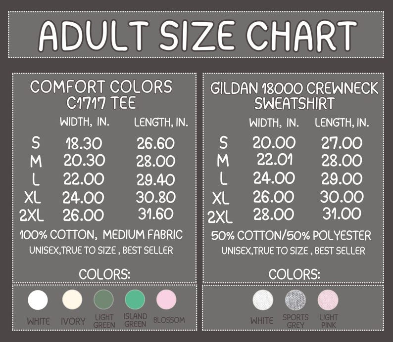 Pu&ograve; includere: Una tabella delle taglie per adulti per t-shirt Comfort Colors C1717 e felpe Gildan 18000. La tabella elenca larghezza e lunghezza in pollici per le taglie dalla S alla 2XL, specifica la composizione dei tessuti e mostra i colori disponibili.