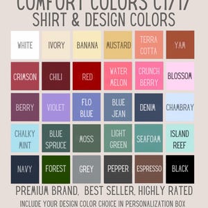May include: A color chart with 24 different color swatches. The colors are labeled with names like "White", "Ivory", "Banana", "Mustard", "Terra Cotta", "Yam", "Crimson", "Chili", "Red", "Water Melon", "Crunch Berry", "Blossom", "Berry", "Violet", "Flo Blue", "Blue Jean", "Denim", " Chambray", "Chalky Mint", "Blue Spruce", "Moss", "Light Green", "Seafoam", "Island Reef", "Navy", "Forest", "Grey", "Pepper", "Espresso", and "Black".