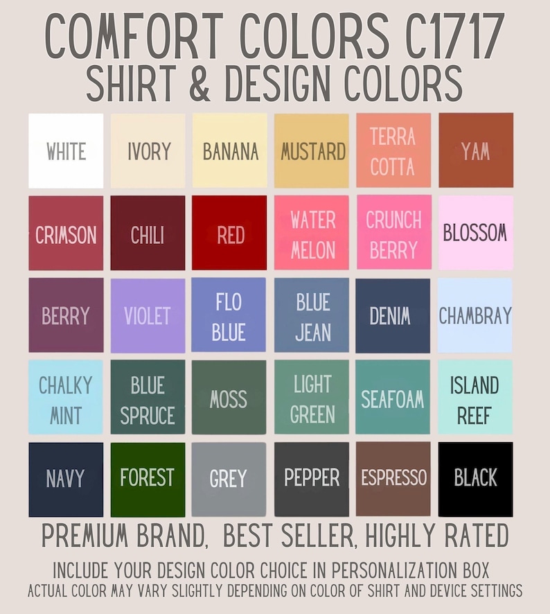 May include: A color chart with 24 different color swatches. The colors are labeled with names like "White", "Ivory", "Banana", "Mustard", "Terra Cotta", "Yam", "Crimson", "Chili", "Red", "Water Melon", "Crunch Berry", "Blossom", "Berry", "Violet", "Flo Blue", "Blue Jean", "Denim", " Chambray", "Chalky Mint", "Blue Spruce", "Moss", "Light Green", "Seafoam", "Island Reef", "Navy", "Forest", "Grey", "Pepper", "Espresso", and "Black".