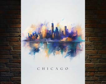 Skyline di Chicago in acquerello, decorazione murale su tela per ufficio, bar, sala giochi