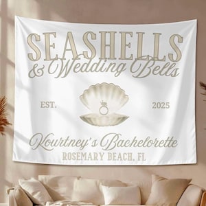 Seashells & Wedding Bells Bachelorette Tapestry: Coastal Beach Party Decor