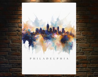 Puede incluir: Una pintura de acuarela del horizonte de Filadelfia con un fondo abstracto colorido. El texto "PHILADELPHIA" está impreso debajo del horizonte.