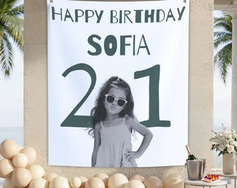 Striscione decorativo personalizzato per compleanno con foto, arazzo per il 30° compleanno con foto del bambino, sfondo fotografico personalizzato, cartello per la festa del 21° compleanno
