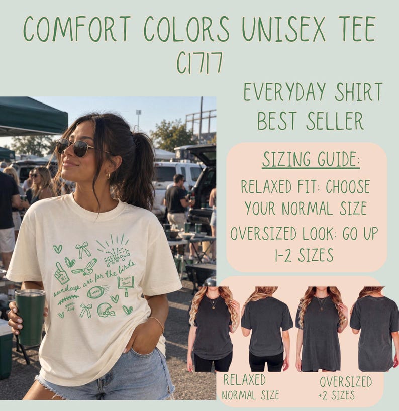 Pu&ograve; includere: Una t-shirt a maniche corte color crema con illustrazioni grafiche verdi a tema football americano e il testo 'sundays are for the birds'. L'immagine include una guida alle taglie e viste aggiuntive della t-shirt in grigio scuro.