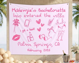 Banner personalizado para despedida de soltera en una isla, decoración para fiestas en Villa Bach, fondo costero playero.