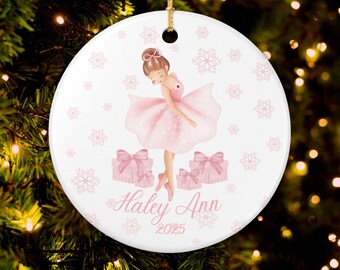 Personalized Pink Ballerina Girl Christmas Ornament, Ballet Dancer Xmas Gift, Little Girls Dance Recital Present, Snowflakes and Presents