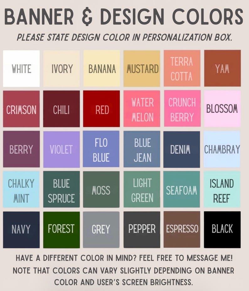 Peut inclure: Un nuancier avec 28 &eacute;chantillons de couleurs, dont blanc, ivoire, rouge et noir. Le texte indique "BANNER & DESIGN COLORS" et "PLEASE STATE DESIGN COLOR IN PERSONALIZATION BOX."