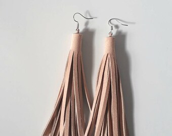 Nude Suede Fringe Earrings, 925 Silver Fittings