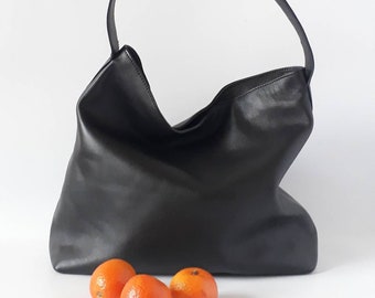 GENRIKA Leather shoulder bag,hobo bag, black Leather Tote,soft leather bag, slouchy bag, ,natural leather bag, bag with zipper