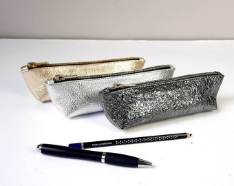 Metallic Leather Pen Case: Handmade Zippered Pencil Pouch