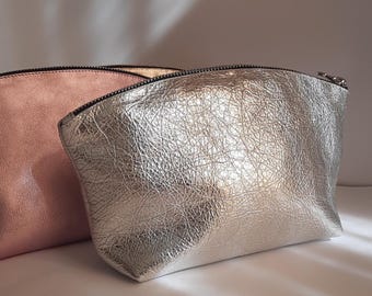 Metallic Leather Cosmetic Bag: Silver Large Toiletry Pouch