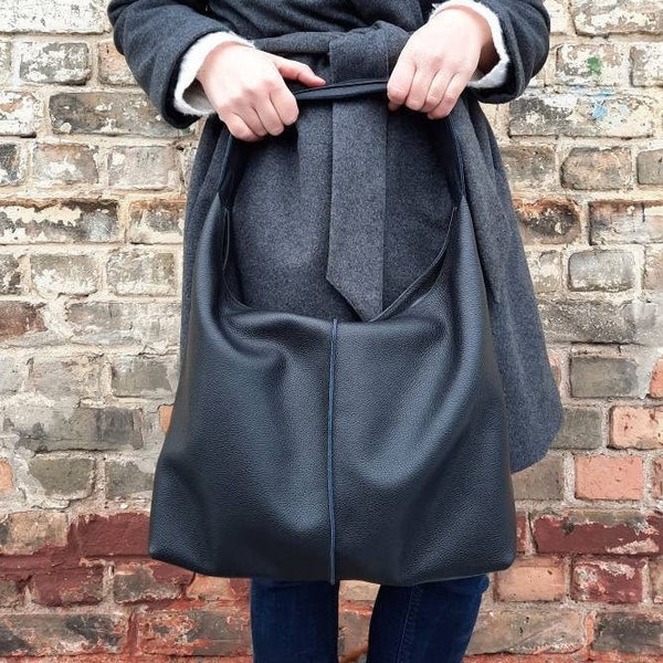 RIGA Hobo black leather tote bag, slouchy work bag, Soft large bag for womens, slouchy hobo bag, bag leather tote purse bag,