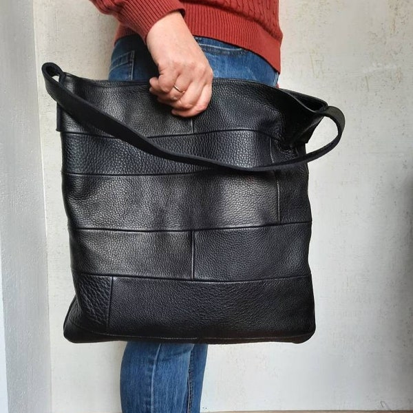 patchwork soft leather tote bag, Upcycled leather tote bag, , hobo one strap bag, unic bag from leather scraps,
