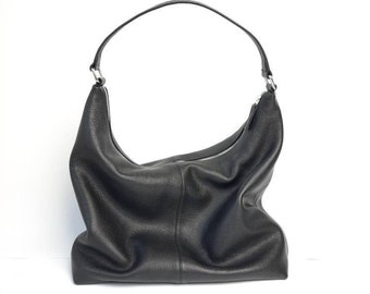 Black Leather shoulder bag for work with zipper / Large tote bag with shoulder strap / fit laptop 15"