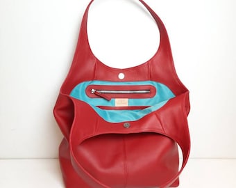 Red Leather Tote Bag: Slouchy Hobo Bag with Zipper Pocket