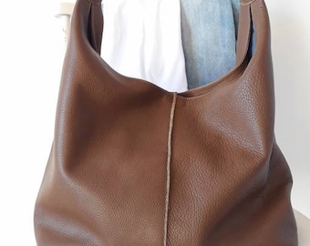 Brown Leather Hobo Bag: Slouchy Shoulder Tote with Pockets