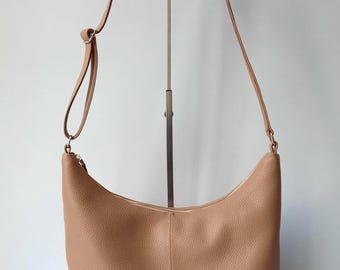 Sand Beige Leather Crossbody Bag: Zippered Shoulder Bag, Travel Purse