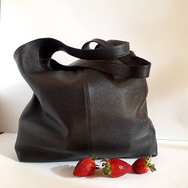 TASH Large genuine Leather tote, simple hobo bag, black leather bag,slouchy bag, lined bag, soft leather bag, work bag, bag for studies