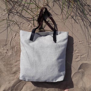 Linen Tote Bag with Dark Brown Leather Straps: Everyday Shopper