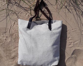 Linen Tote Bag with Dark Brown Leather Straps: Everyday Shopper