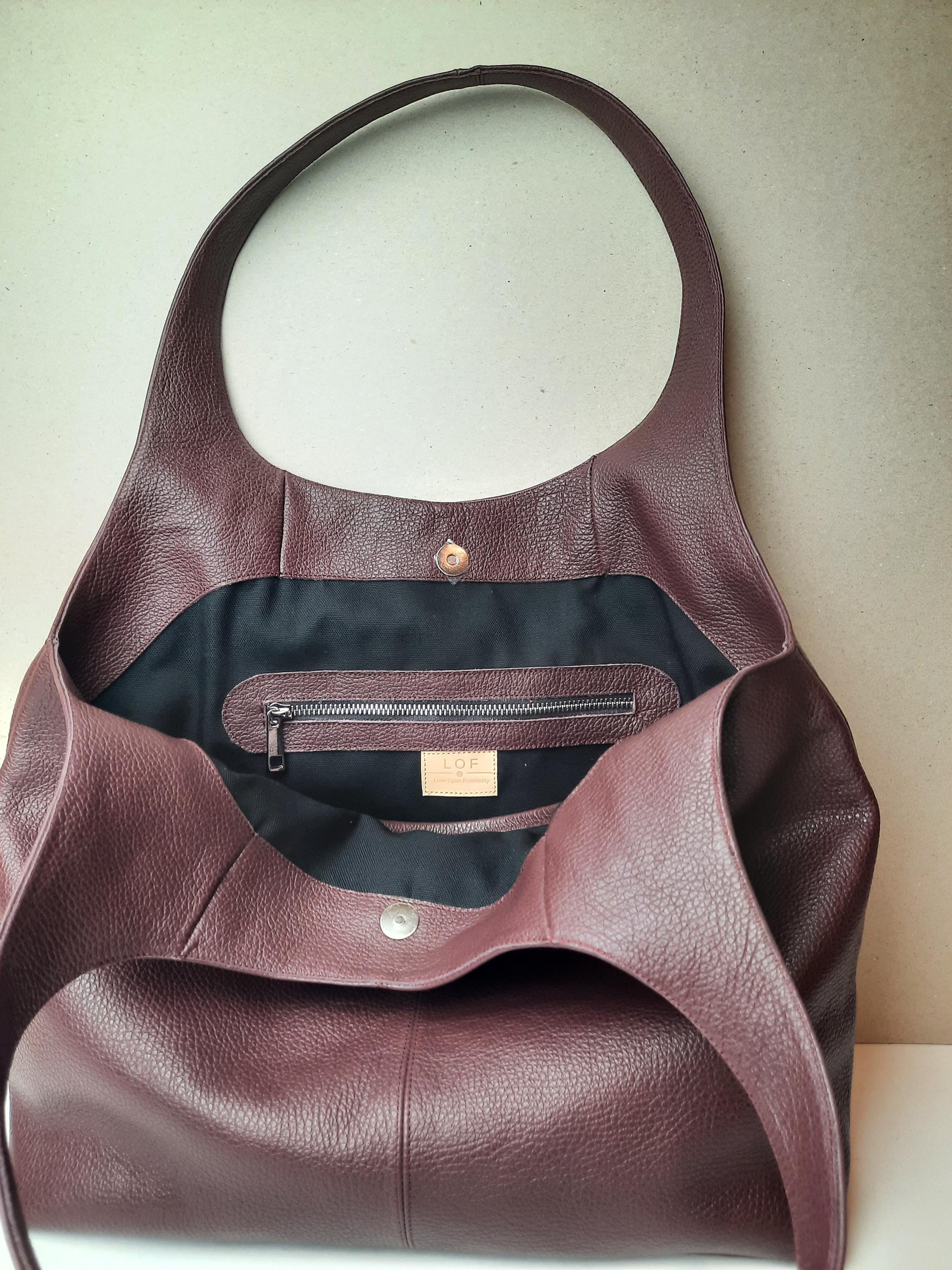 バーガンディ本革トートバッグ / ソフトなスラウチショルダーバッグ