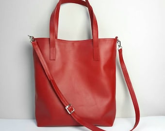 Leather Tote Bag with Crossbody Strap: Lined Genuine Leather Shopper