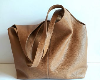 Caramel Leather Hobo Tote Bag: Slouchy Shoulder Bag