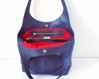 Navy blue Leather Hobo Bag /Women's Slouchy Shoulder Tote with zipper pockets