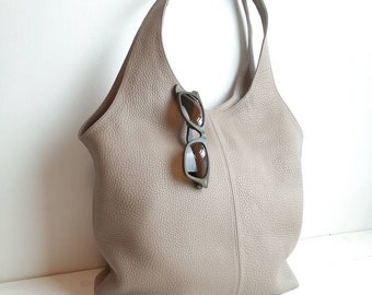 Gray Leather classic Tote Bag / Large Slouchy Shoulder Bag with Zipper pockets