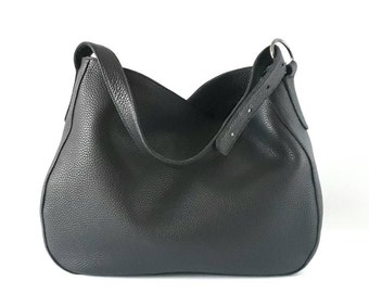 Black Leather Hobo Bag: Soft Slouchy Tote with Cotton Lining