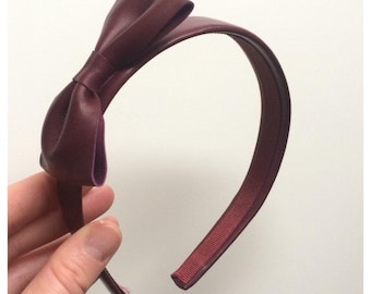 Burgundy Leather Bow Headband / Blair Waldorf Style hair accessory