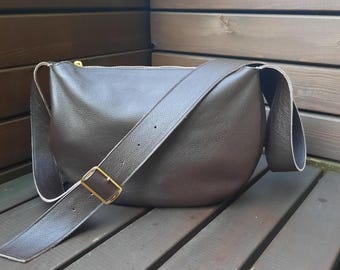 Dark Brown Leather Crossbody Bag: Half Moon Shoulder Sling