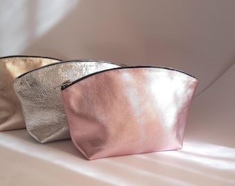 Pink silver Leather Cosmetic Bag: Large Lined Toiletry Pouch