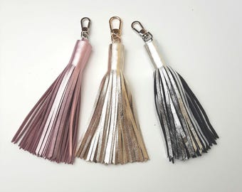 Gold Leather Purse Charm / Silver tassel Key Fob, Large tassel for bag