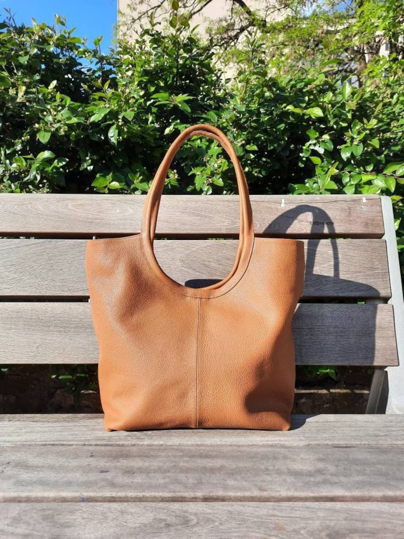 California leather tote bag with rounded straps, soft leather bag, bag for beach, elegant leather bag, caramel bag zdjęcie 1