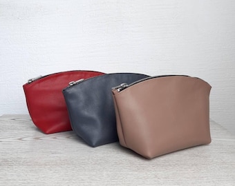 Cosmetic Make Up Bag, Red Leather Toiletry pouch, Gifts for Her, Bridesmaid, Wife, Girlfriend,