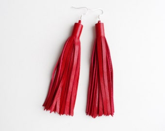 red fringe leather earrings, red leather earrings, leather strips earrings, fringe earrings