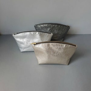 Leather cosmetic bag, genuine leather pouch, gold Make up bag, Lined Toiletry Bag for Women, silver leather image 6