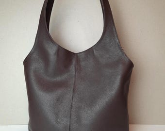 Dark  Brown Leather Tote Bag with zipper pockets, work Shoulder Bag