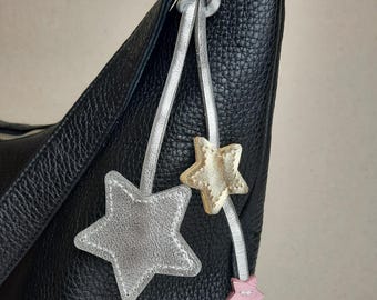 Silver leather Star bag charm/ Silver, Gold & Pink Keyring Decor