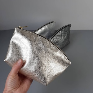 Leather cosmetic bag, genuine leather pouch, gold Make up bag, Lined Toiletry Bag for Women, silver leather image 3