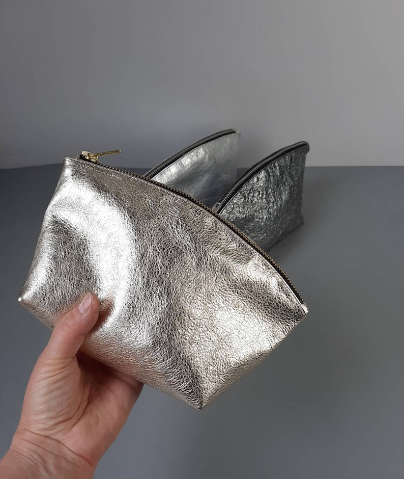 Leather cosmetic bag, genuine leather pouch, gold Make up bag, Lined Toiletry Bag for Women, silver leather image 3