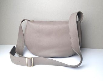 Taupe Leather Half Moon Crossbody Bag: Adjustable Wide Strap