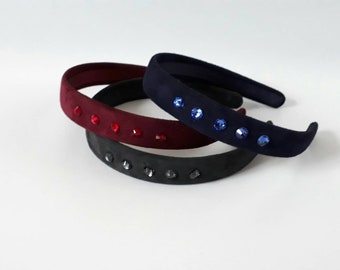 Dark Blue sued Leather Headband with Swarovski Crystal / Elegant women Headband